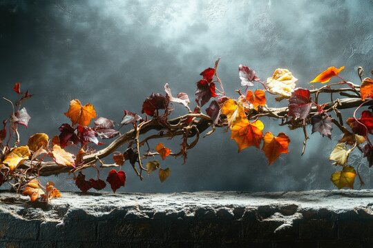 A vine with autumn leaves in vibrant red, orange, and yellow hues, rests on a stone surface against a smoky backdrop.