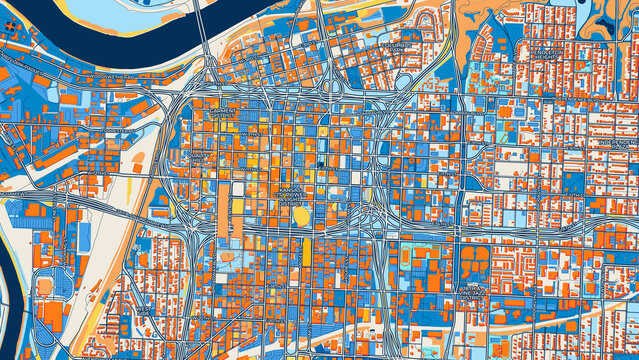 Colorful Kansas City Street Map with Labels and Buildings