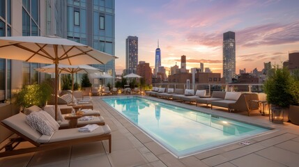 Obraz premium Rooftop lap pool with city skyline at dusk