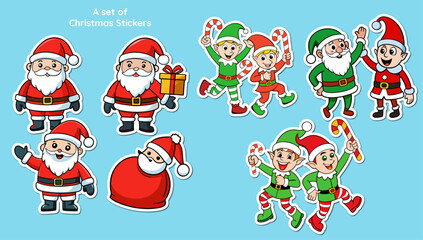 Festive Christmas Sticker Set Featuring Cartoon Santa Claus and Cheerful Elves on a Light Blue Background