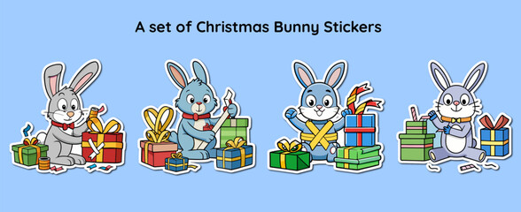 Obraz premium Festive Bunny Stickers A Collection of Adorable Rabbits Celebrating with Colorful Christmas Presents and Decorations