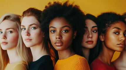 Obraz premium A diverse group of women standing in a row against a yellow background.