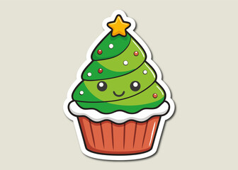 Cute Christmas Tree Cupcake with Smiling Face and Star Topper on Light Background cartoon cupcake