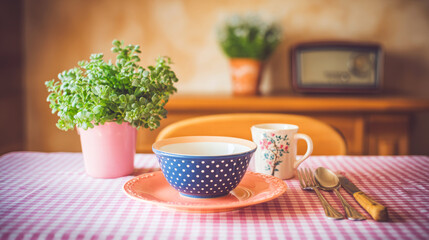 There are bowls, cups and plants on the table