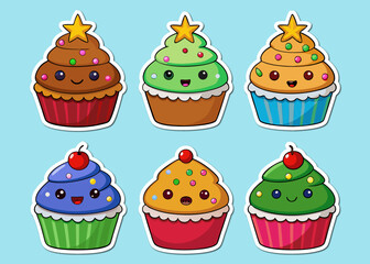 Collection of Six Cute Cartoon Cupcakes with Different Frosting Colors and Toppings on a Light Blue Background