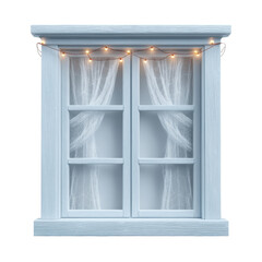 Cozy Cottage Window with Sheer Curtains and Fairy Lights for Warm Atmosphere in Interior Decor Transparent background or PNG