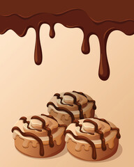 Cinnamon rolls and runny chocolate sauce, poster.