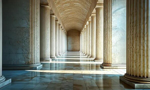 Architectural Corridor with Sunlight and Shadow with Stone Columns and Detailed Textures creating an Ancient Style