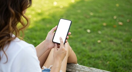 Woman uses smartphone with blank screen outdoors grass background