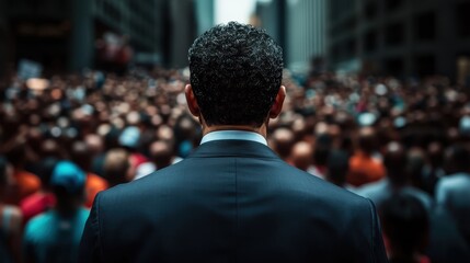 Fototapeta premium A determined businessman stands facing a massive crowd in an urban setting, symbolizing leadership, influence, and the power of collective action amongst the people.