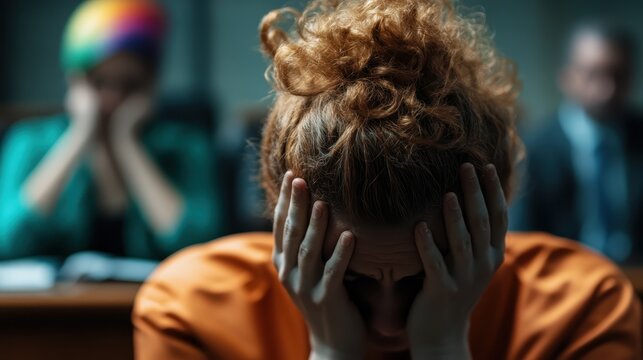 A woman in an orange jumpsuit cradles her head in despair in a courtroom, portraying the emotional turmoil of a critical moment, evoking themes of justice and vulnerability.