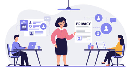 Fototapeta premium Privacy policy presentation in office environment for informative business design vector illustration