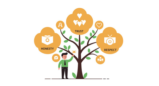 Trust tree illustration highlighting values of honesty and respect for educational and inspirational designs vector illustration