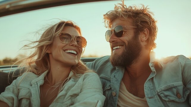 A happy couple shares a moment of joy while driving in a convertible, surrounded by nature, with the sun setting behind them, creating an unforgettable memory together.