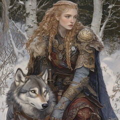 Obraz premium Viking warrior woman sitting in snowy forest with wolf-dog