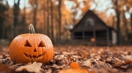 A brightly lit pumpkin with a carved face sits amid fallen leaves, evoking the spirit of Halloween and autumn festivities in a rustic outdoor setting.