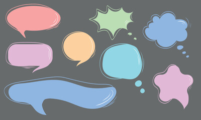 Colorful speech bubbles designs set in shape of heart, star. Abstract speech bubbles. Pastel color message box designs. Hand drawn vector illustration in flat style. Dialogue element