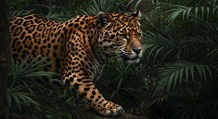 Fototapeta premium Jaguar, Panther, Big cat, Majestic Jaguar in Lush Jungle