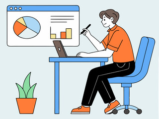 Man in orange shirt presenting pie chart on whiteboard at modern office desk