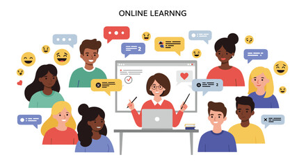 Online learning illustration featuring diverse students and teacher engaging in virtual classroom vector illustration