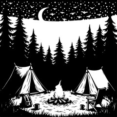 Mountain Camping Scene with Tent, Campfire, and  vector 