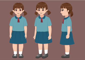 Girls in school uniform in various views, front, side, oblique