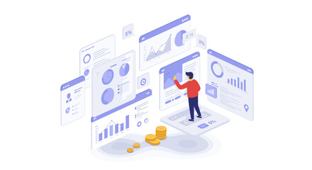 Financial data analysis and visualization with interactive charts in isometric illustration design vector illustration