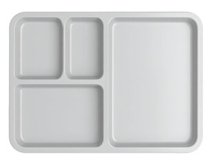top view of modern rectangular food tray with multiple compartments, clean plastic design for meal presentation, on isolated background
