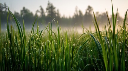 Obraz premium Early morning dew glistening on tall grass in foggy meadow