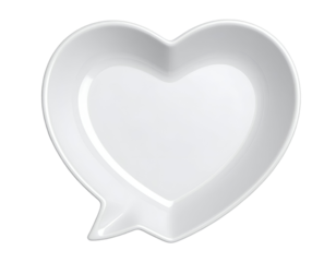 white ceramic plate shaped like heart with speech bubble tail, modern romantic tableware for creative food presentation and valentine theme, on isolated background
