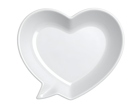 white ceramic plate shaped like heart with speech bubble tail, modern romantic tableware for creative food presentation and valentine theme, on isolated background
