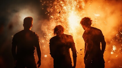 Silhouetted figures stand against a dramatic backdrop of exploding fireworks, embodying excitement and celebration. A vibrant visual perfect for event and celebration photography.
