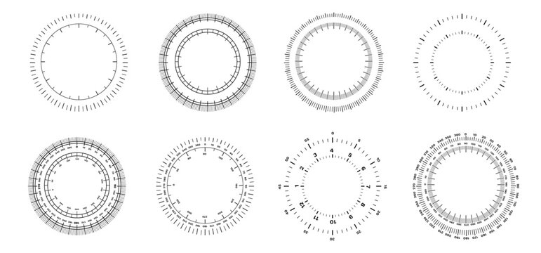 Collection of circular measuring scale graphics with radial tick marks and numeric indicators.