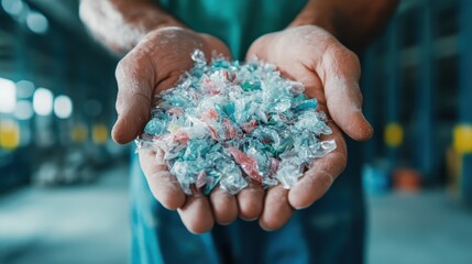 A close-up of rough hands gripping a collection of colorful recycled plastic pellets, showcasing the importance of recycling and environmental sustainability in today's world.