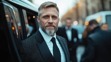 A distinguished man in a tuxedo stands confidently by a limousine, showcasing sophistication and style that represents elegance and success in social events.