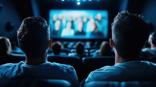 A crowd of viewers in a cinema focusing on a large screen, creating a powerful atmosphere of shared emotion and excitement during a cinematic experience.