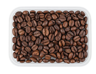 Naklejka premium white resin rectangular tray filled with embedded roasted coffee beans, modern cafe-inspired decorative tableware or lifestyle prop, on isolated background 