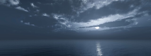 Panorama of sea sunset, ocean sunrise, seascape, 3d rendering
