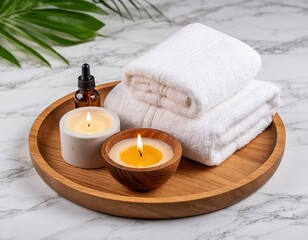 towels, candles, massage oil on the tray. Spa salon.