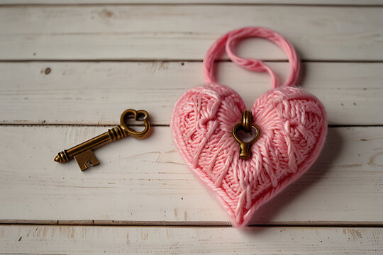 Pink Yarn Heart with Antique Key on White Wooden table.