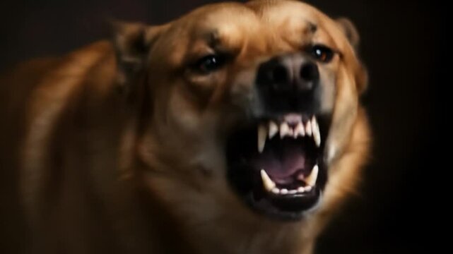 Angry dog baring teeth and growling aggressively in warning stance outdoors