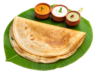  Angled Close-Up of Folded Masala Dosa with Chutney Trio and Banana Leaf Plate, Isolated on Transparent Background