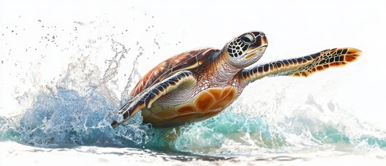 Fototapeta premium Sea turtle emerging from the waves shown from a dramatic