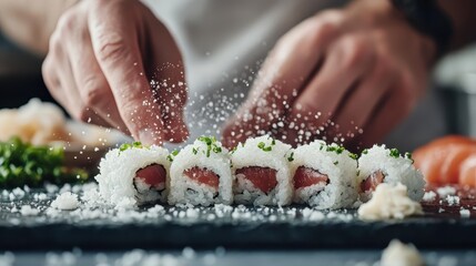 A focused sushi chef expertly arranging fresh rolls with precision, highlighting the artistry of sushi making and the vibrant ingredients that make this culinary craft distinctive.