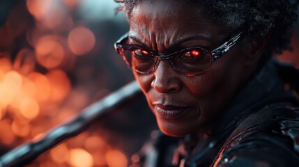A striking portrait of a determined woman with glowing red eyes, set against a backdrop of flames, showcasing strength and intensity in challenging circumstances.