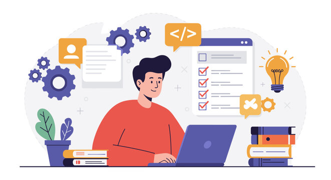 Coding and development concept with programmer at laptop for web design and software projects vector illustration