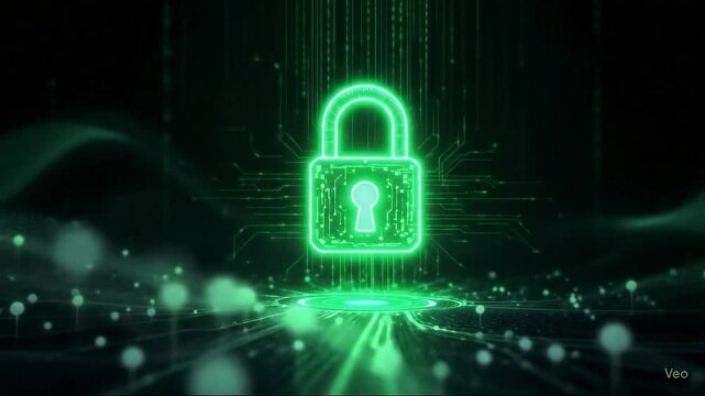 uturistic cybersecurity concept, a glowing digital padlock floating over a network of connected nodes, dark background with binary code and data streams, sleek, professional style