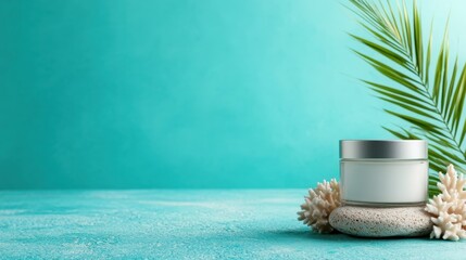 A minimalist display of spa products rests on soothing turquoise stones, accented by natural elements, creating a sense of calm and relaxation ideal for self-care essentials.