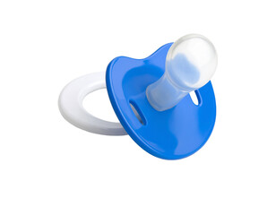 Blue pacifier isolated on white, baby soothing accessory.