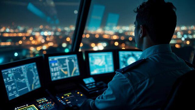 An air traffic controller manages incoming and outgoing flights from a bustling airport at night, ensuring safety and efficiency